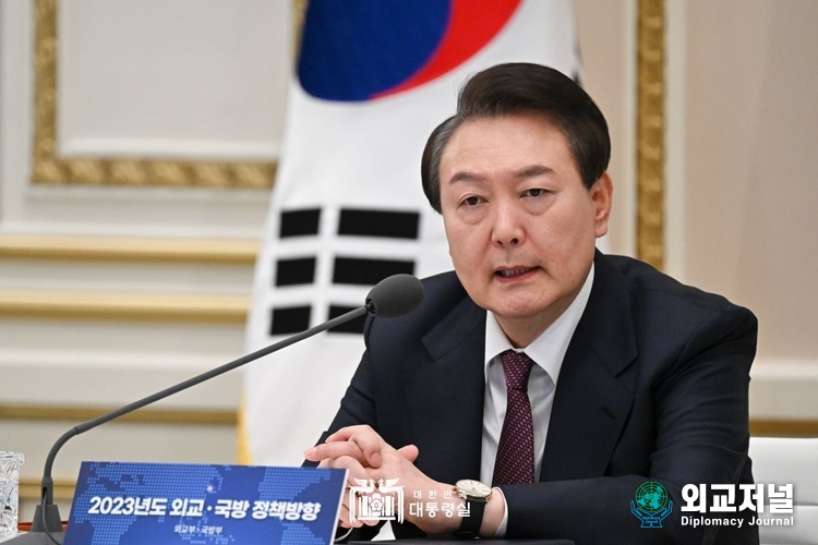  윤석열 대통령 주관으로 진행한 ‘2023년 국방부 연두 업무보고에서 정책방행에 대하여 보고를 받고있다. (자료=대통령실)