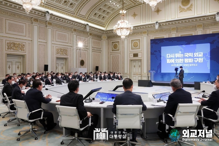  윤석열 대통령 주관으로 진행한 ‘2023년 국방부 연두 업무보고에서 정책방행에 대하여 회의를 하고있다. (자료=대통령실)