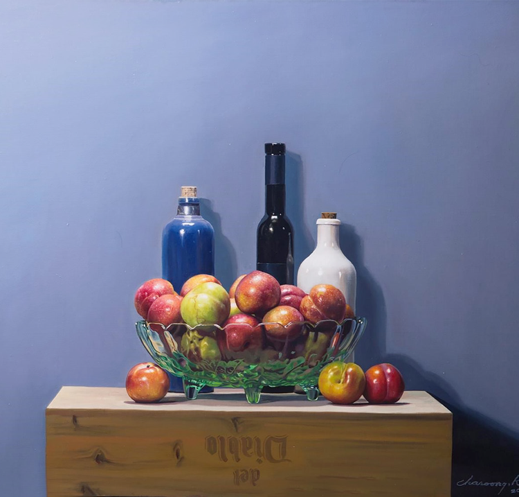  Still objects on a wine box, 90.9 x 72.7, oil on canvas