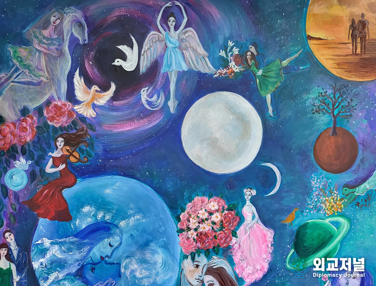 Overs on a picnic in space, Acrylic on canvas 90.9 x 72.7 cm