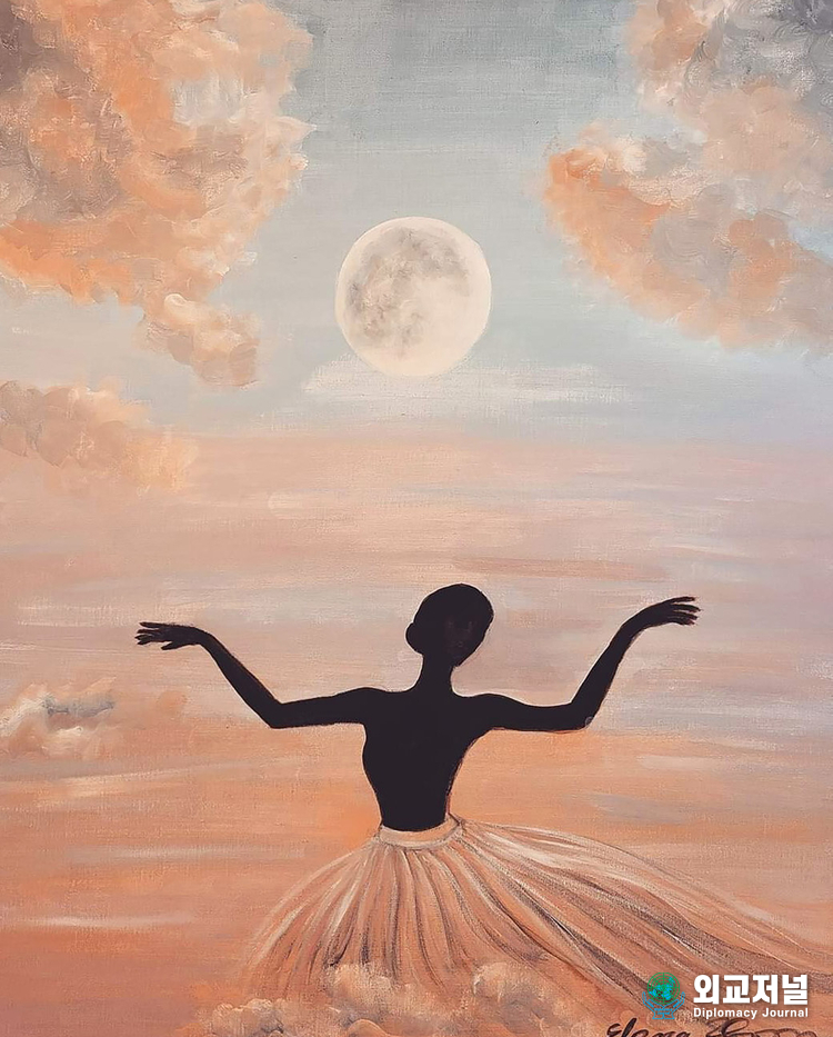 Song to the moon 72.7x90.9, A woman dances, wishing to the moon for her love to be fulfilled.