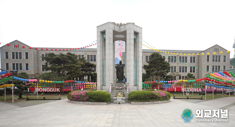 In the front yard of Dongguk University's Myeongjin Hall, lanterns are hung in honor of Buddha's birthday.