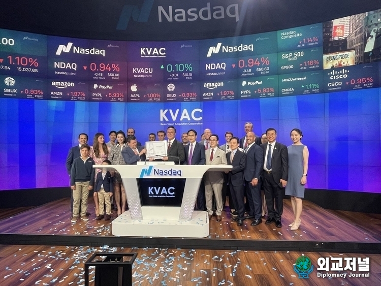 KVAC Company founder Jason Wong, KVAC Company CEO Huang Jiajun (Kenneth Wong), KVAC management team, and delegations from the American General Business Association are taking photos after attending the Nasdaq Stock Exchange's bell-ringing ceremony.