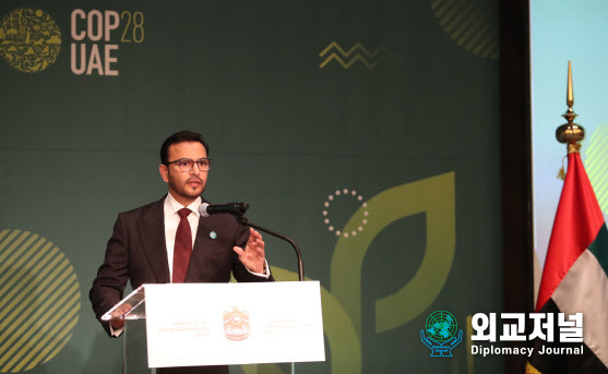 Abdulla Saif Al Nuaimi, Ambassador of the United Arab Emirates to the Republic of Korea, delivers an opening speech at the 'Road to COP28 in the UAE' event held at the Four Seasons Hotel in Gwanghwamun, Seoul on Aug. 31./ Courtesy of the UAE Embassy
