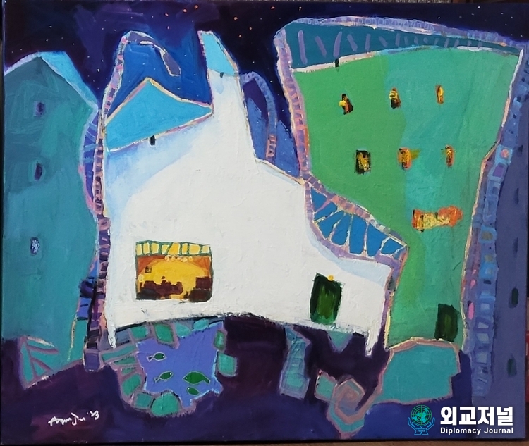 117×73cm / Mixed Media on Canvas / Even if you keep it hidden, the shining things will eventually leak out.