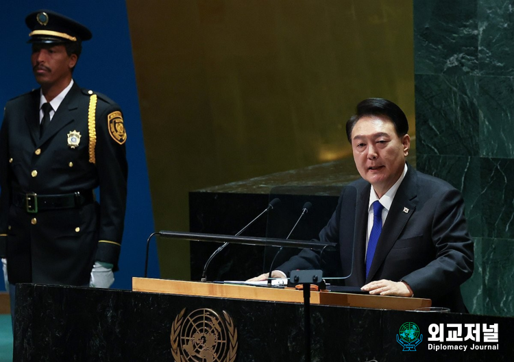 President Yoon Suk-yeol speaks at the 78th United Nations General Assembly at U.N. headquarters in New York on Sept. 20, 2023.