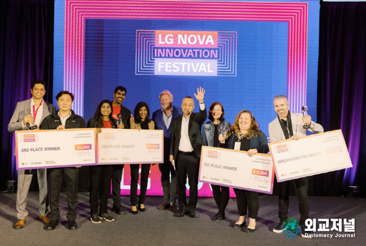 The winners of the Startup Pitch Competition take a group photo at the annual LG NOVA Innovation Festival in San Francisco on Nov. 29.