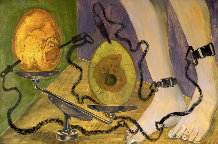 <strong> Treed Codependency ( Lying Libra), 2023, oil and charcoal on canvas, 91x60.6cm</strong>